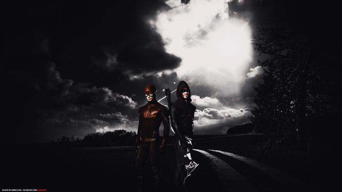 The Flash and Green Arrow from DC Comics standing in a field