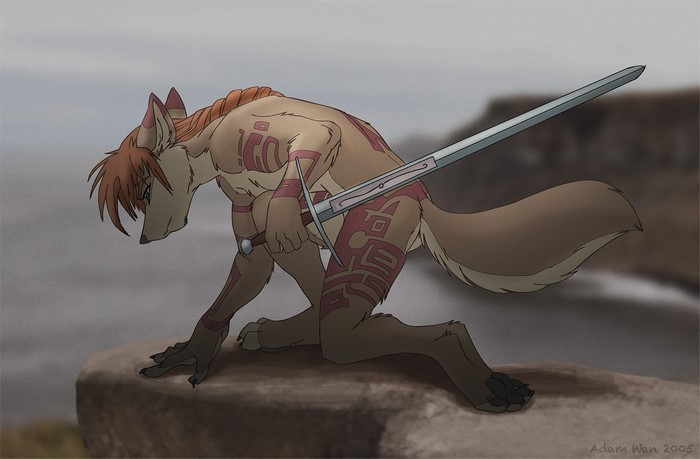 Furry character with sword on rocky outcrop