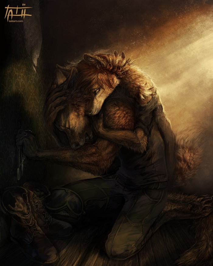 Emotional Anthro Wolf Embrace in Dim Light