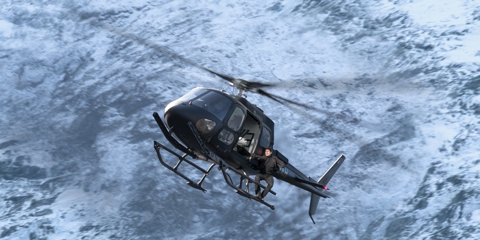 Tom Cruise from Mission: Impossible - Fallout in a helicopter