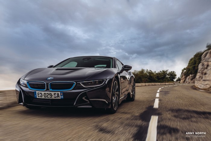 BMW i8 driving on a winding road