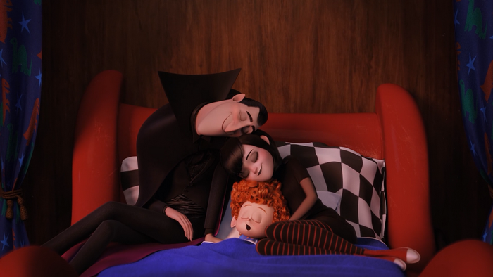 Dracula, Mavis, and Dennis from Hotel Transylvania sleeping