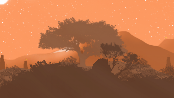 Digital art of a surreal landscape at sunset