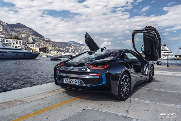 Black BMW i8 with butterfly doors in Monaco