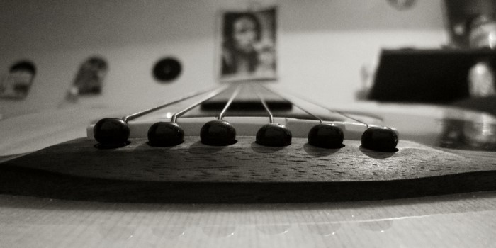 Close-up of acoustic guitar strings and bridge