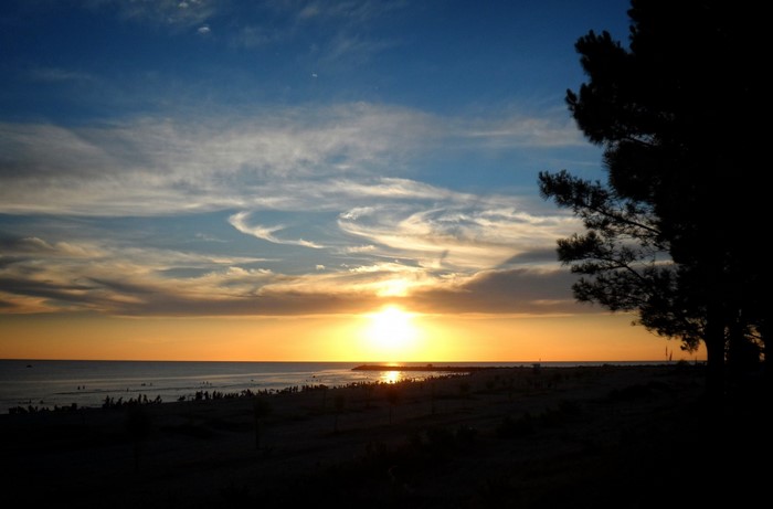 Sunset over the ocean with a beach and trees