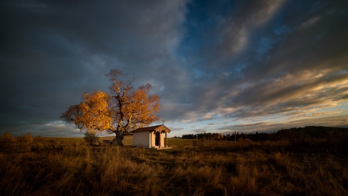 Chapel and autumn tree at sunset with dramatic clouds