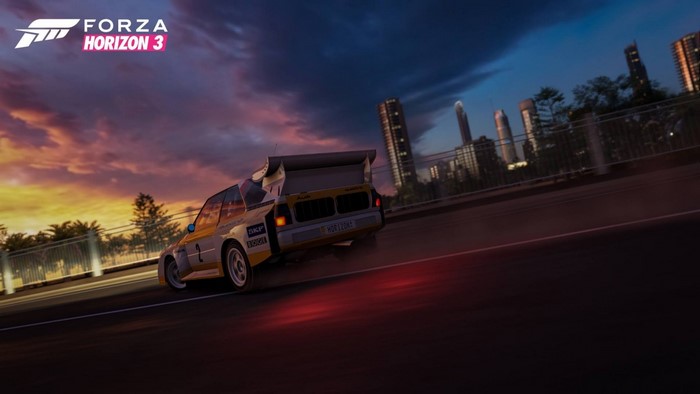 Audi Sport Quattro S1 from Forza Horizon 3 driving at dusk