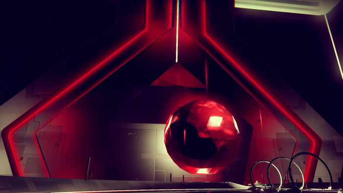 Abstract red geometric sphere in No Man's Sky
