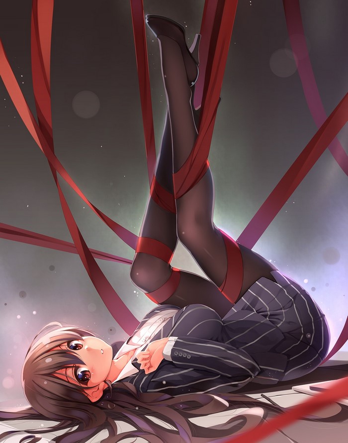 Anime girl in business suit tangled in red ribbons