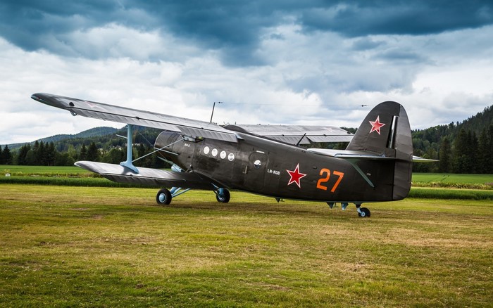 Antonov An-2 biplane with red stars on a grassy field