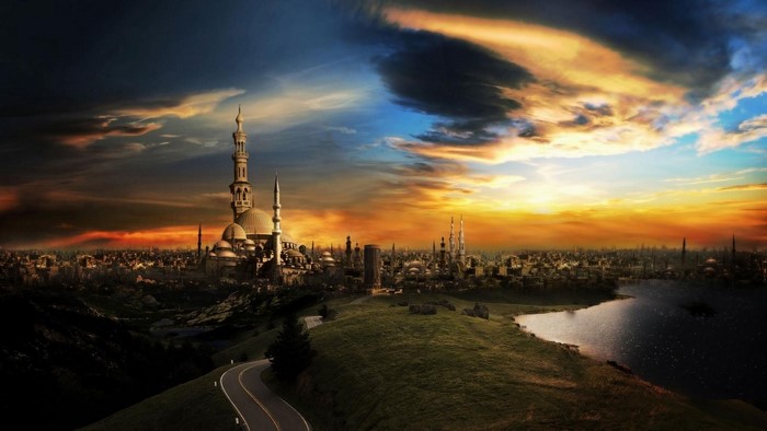 Fantasy Islamic Cityscape at Sunset with Dramatic Sky