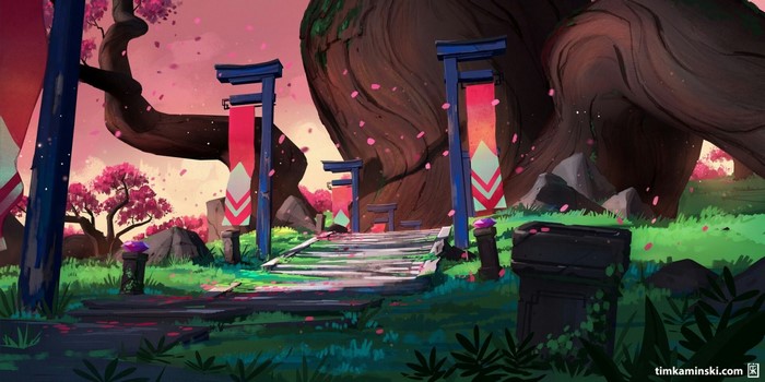 Digital art illustration of a Japanese garden with cherry blossoms