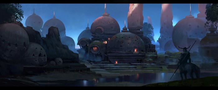 Fantasy landscape with ancient structures and a centaur