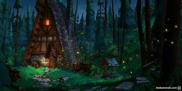 Fantasy cabin in a dark forest with fireflies