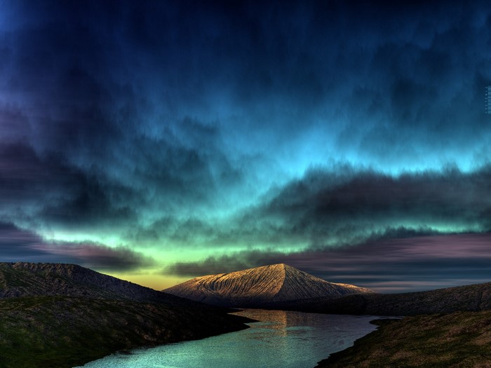 Mountain lake under aurora borealis sky