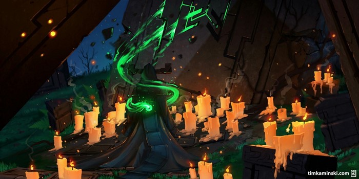 Figure in a hooded cloak surrounded by candles with green energy