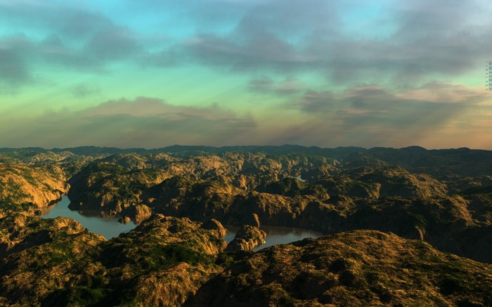 3D render of a mountainous landscape with rivers and clouds