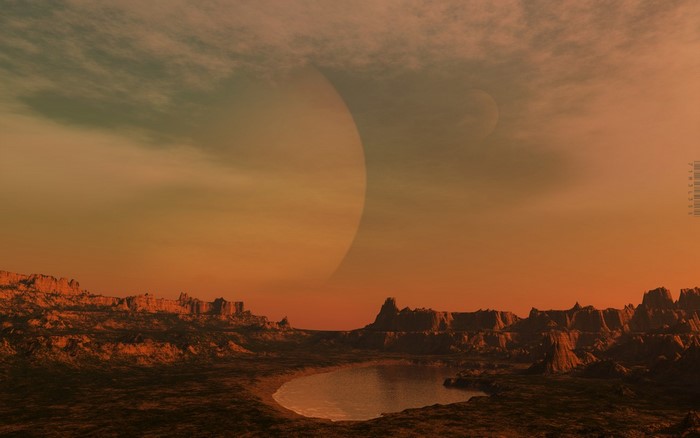 Alien planet landscape with large planet in the sky