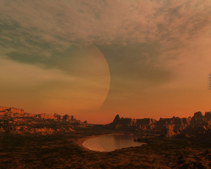 Alien planet landscape with large moon and lake