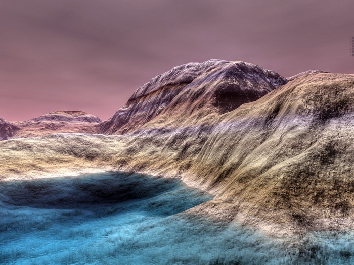 3D render of a rocky alien landscape with a blue lake