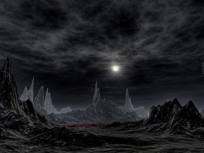 Dark alien landscape with jagged mountains and red pool