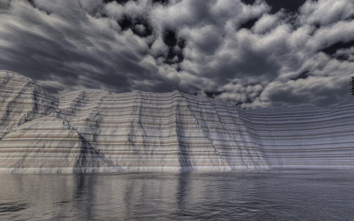 3D render of layered mountains and water under stormy clouds
