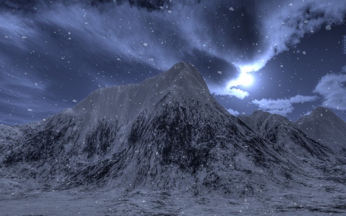 3D render of snowy mountains under a stormy sky