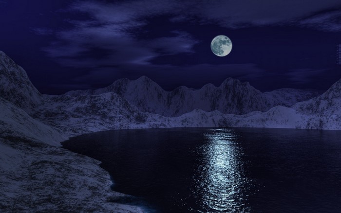 Night landscape with moon over snowy mountains and lake