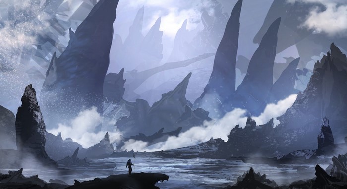 A lone figure stands on a rocky shore in an icy landscape