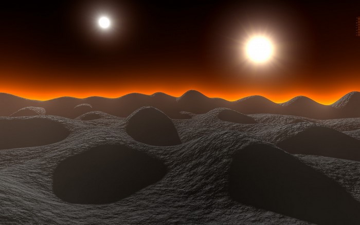 Alien landscape with two suns at sunset