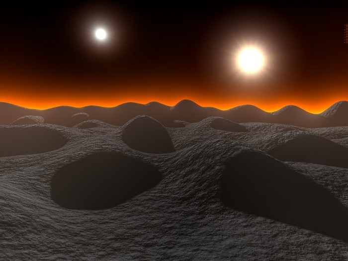 Alien landscape with two suns at sunset