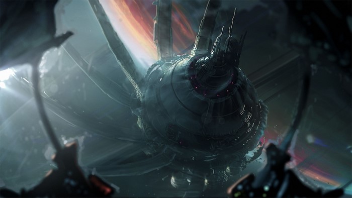 Science fiction spaceship interior with nebula