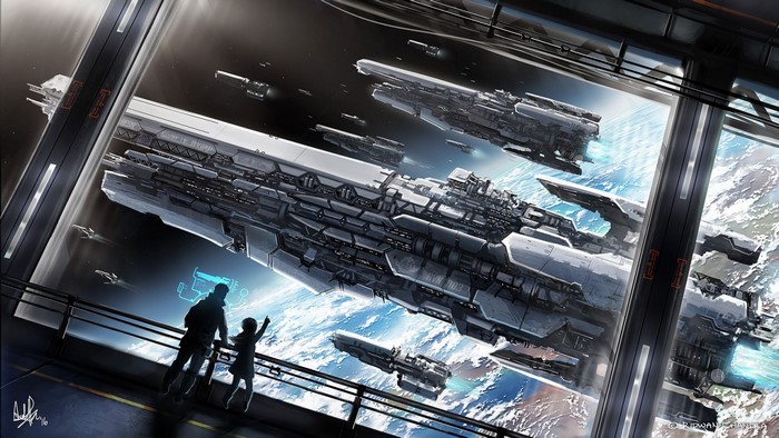 Futuristic spaceships orbiting a planet