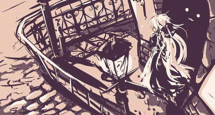 Anime character with long white hair on a balcony