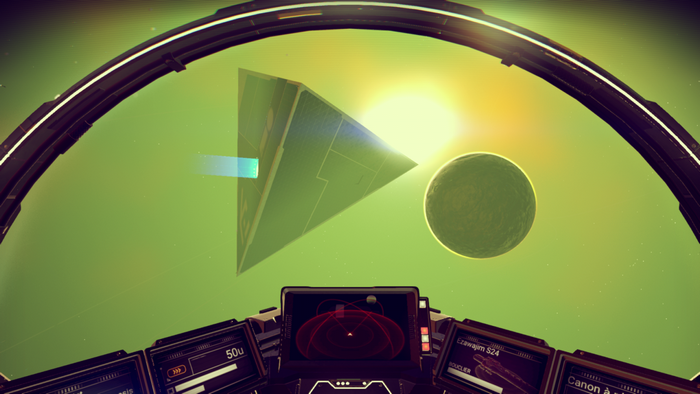 Cockpit view of No Man's Sky with alien structure and planet