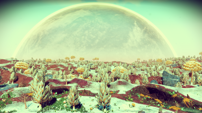 No Man's Sky alien planet landscape with large moon