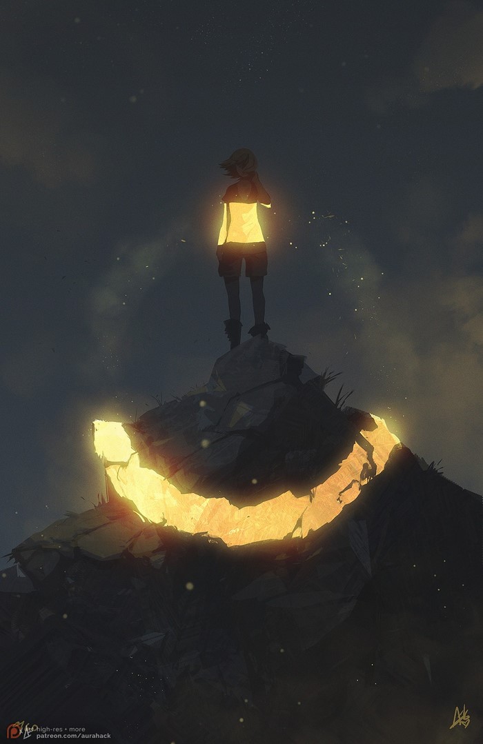 Anime girl on a glowing rock formation at night