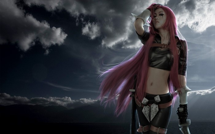 Katarina from League of Legends cosplay against dark sky
