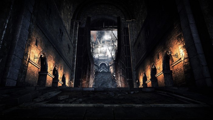 Dark Souls III screenshot of a dark cathedral entrance