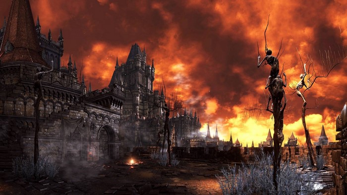 Dark Souls III screenshot of a castle under a fiery sky