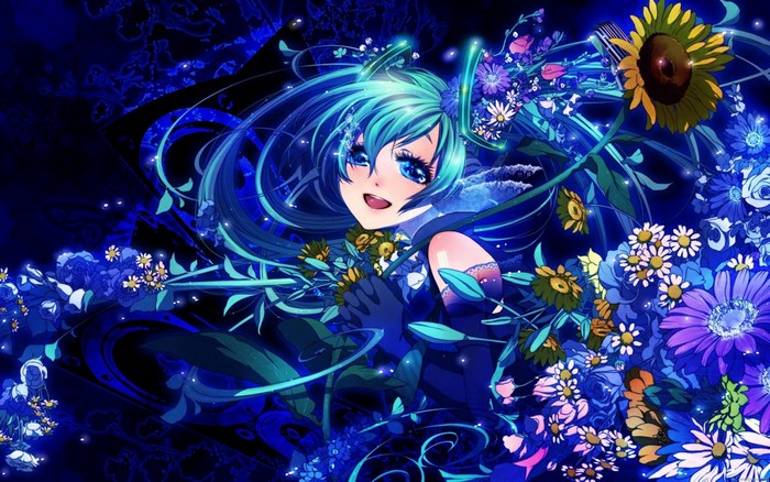 Hatsune Miku surrounded by blue and purple flowers