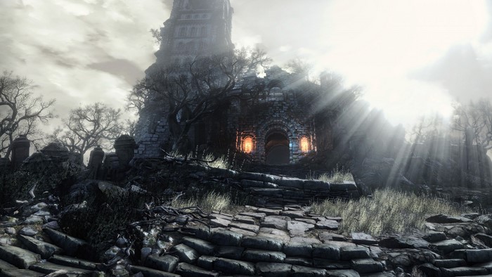 Dark Souls III screenshot of a ruined castle entrance