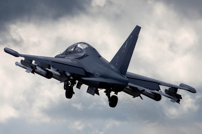 Yak-130 military jet aircraft in flight