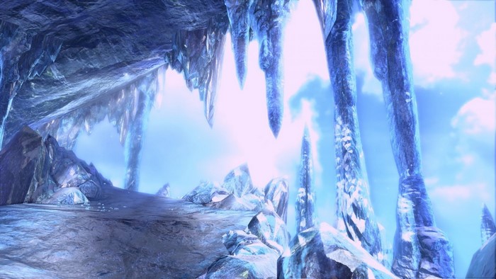 Ice cave with icicles and rocky formations