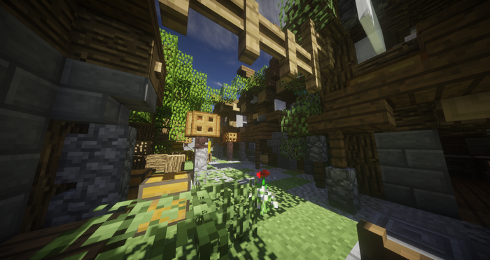 Minecraft village with wooden buildings and greenery