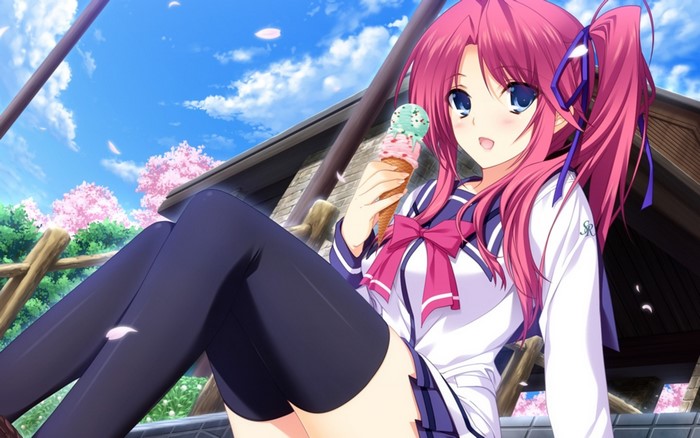 Anime girl with pink hair eating ice cream