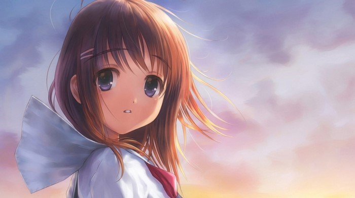 Anime girl with brown hair and purple eyes