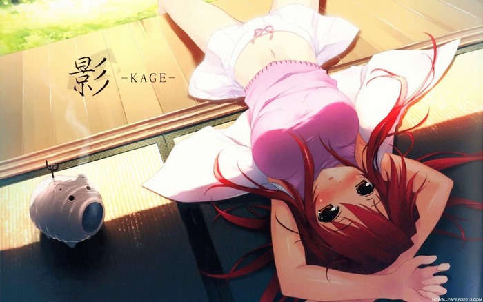Anime girl with red hair lying on tatami mat