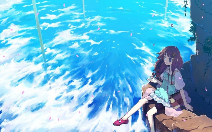 Anime girl sitting on a cliff overlooking the sky